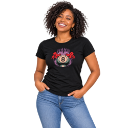 Billard Damen T-Shirt – 8-Ball mit roten Ornamenten und Flammen Billard Damen T-Shirt – 8-Ball mit roten Ornamenten und Flammen